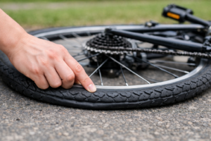 自転車のタイヤがパンクしている状態を確認している様子