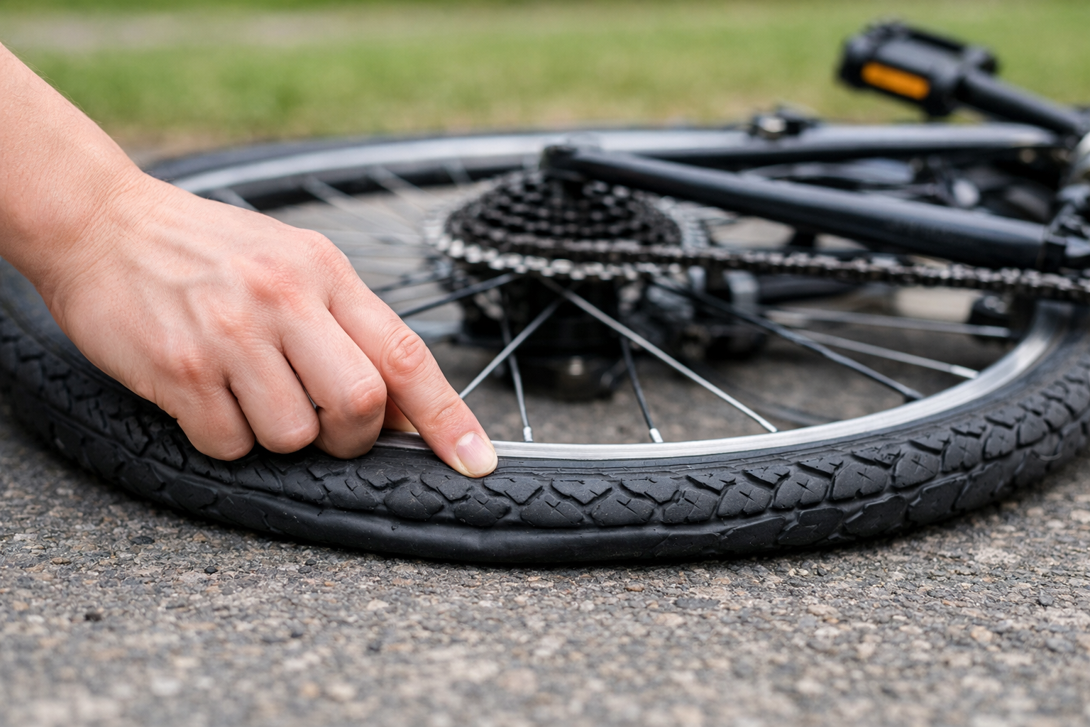 自転車のタイヤがパンクしている状態を確認している様子