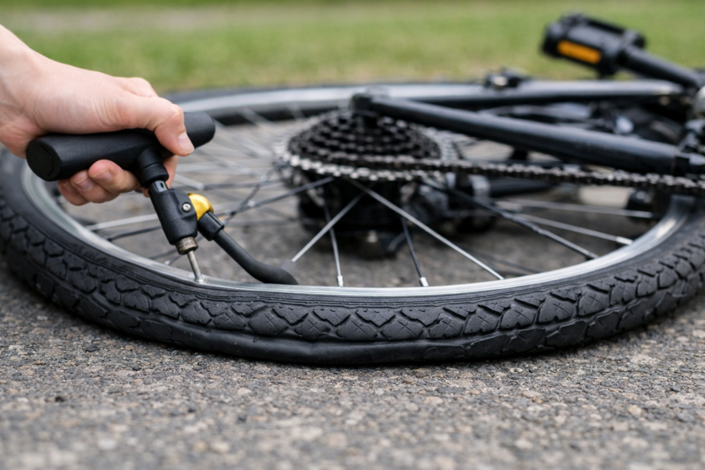 自転車のタイヤに空気を入れているが空気が抜けてしまう状態のイメージ