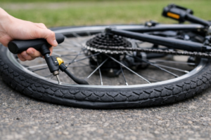 自転車のタイヤに空気を入れているが空気が抜けてしまう状態のイメージ