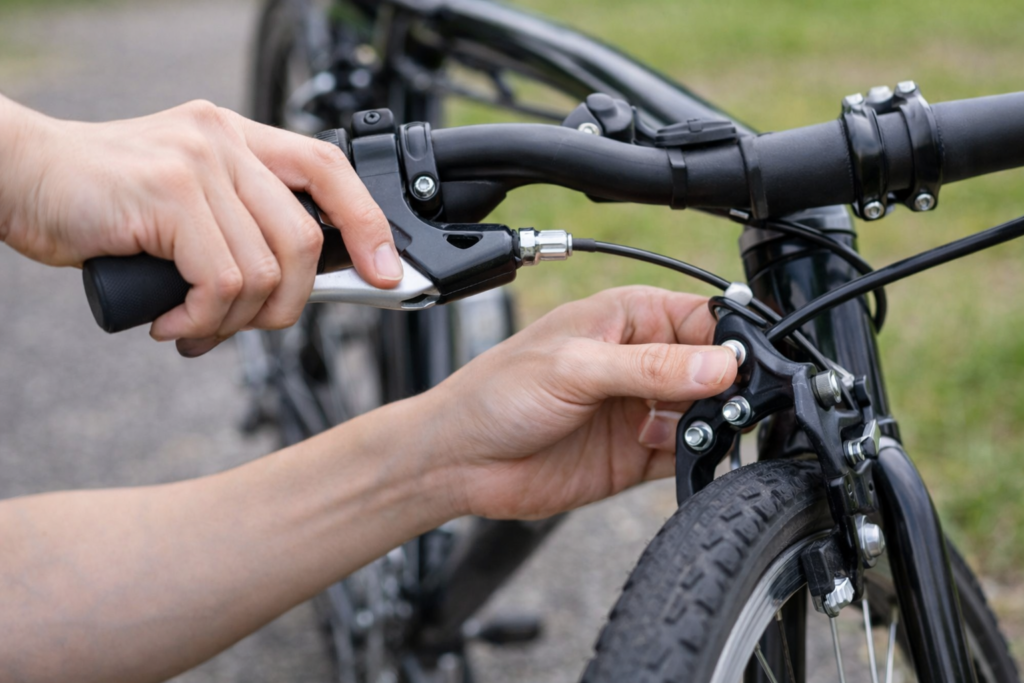 自転車のブレーキが効かず調整している様子のイメージ