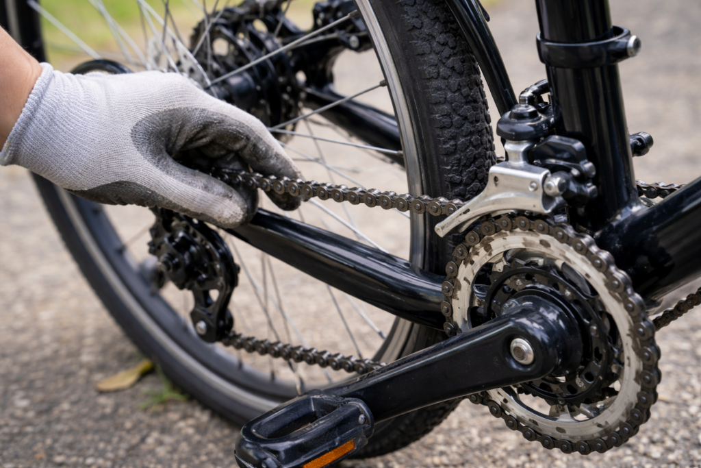 外れた自転車のチェーンを戻している作業中の様子