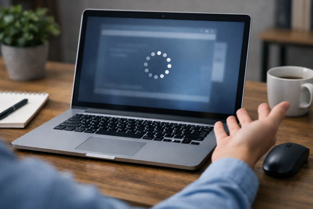 パソコンがフリーズして操作できず困っている様子
